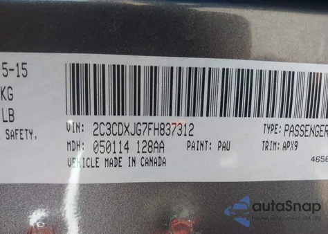 2015 Dodge Charger Sxt из США, поврежденный, VIN 2C3CDXJG7FH837312